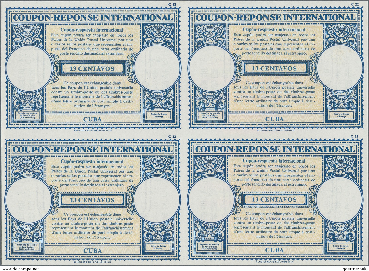 Cuba: 1961. International Reply Coupon 13 Centavos (London Type) In An Unused Block Of 4. Issued Feb - Other & Unclassified