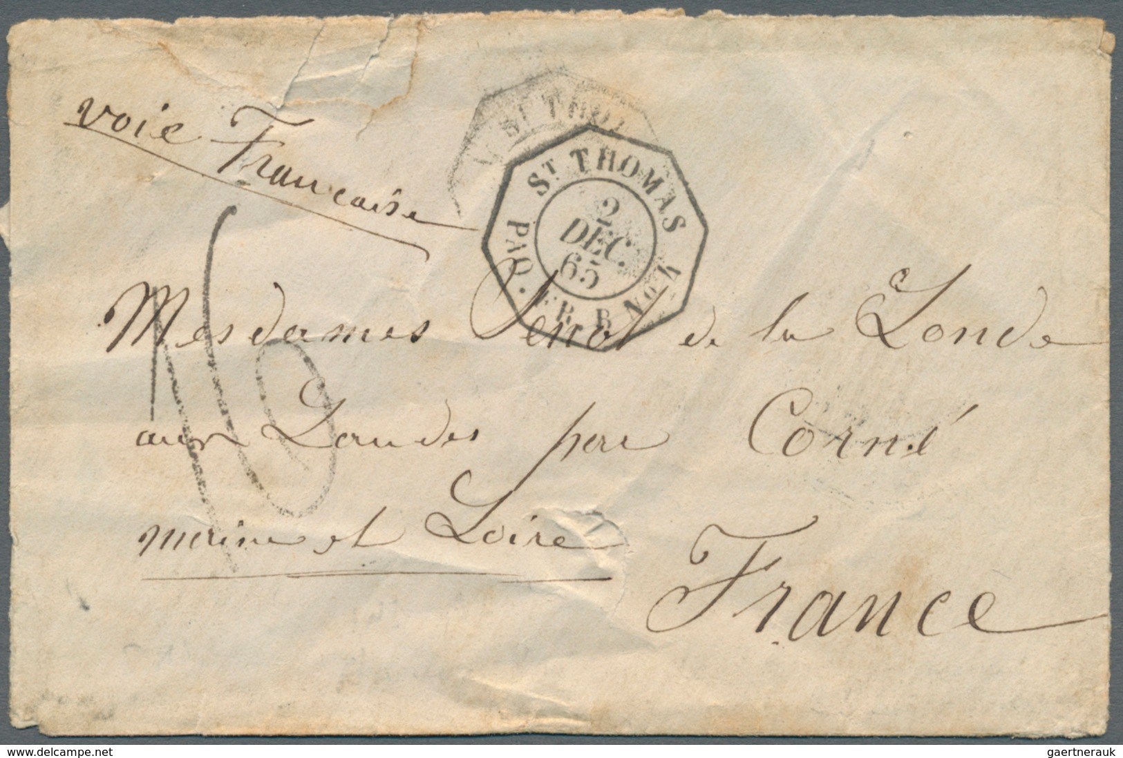 Dänisch-Westindien: 1865. Stampless Envelope Addressed To France Cancelled By Octagonal French Paque - Danemark (Antilles)