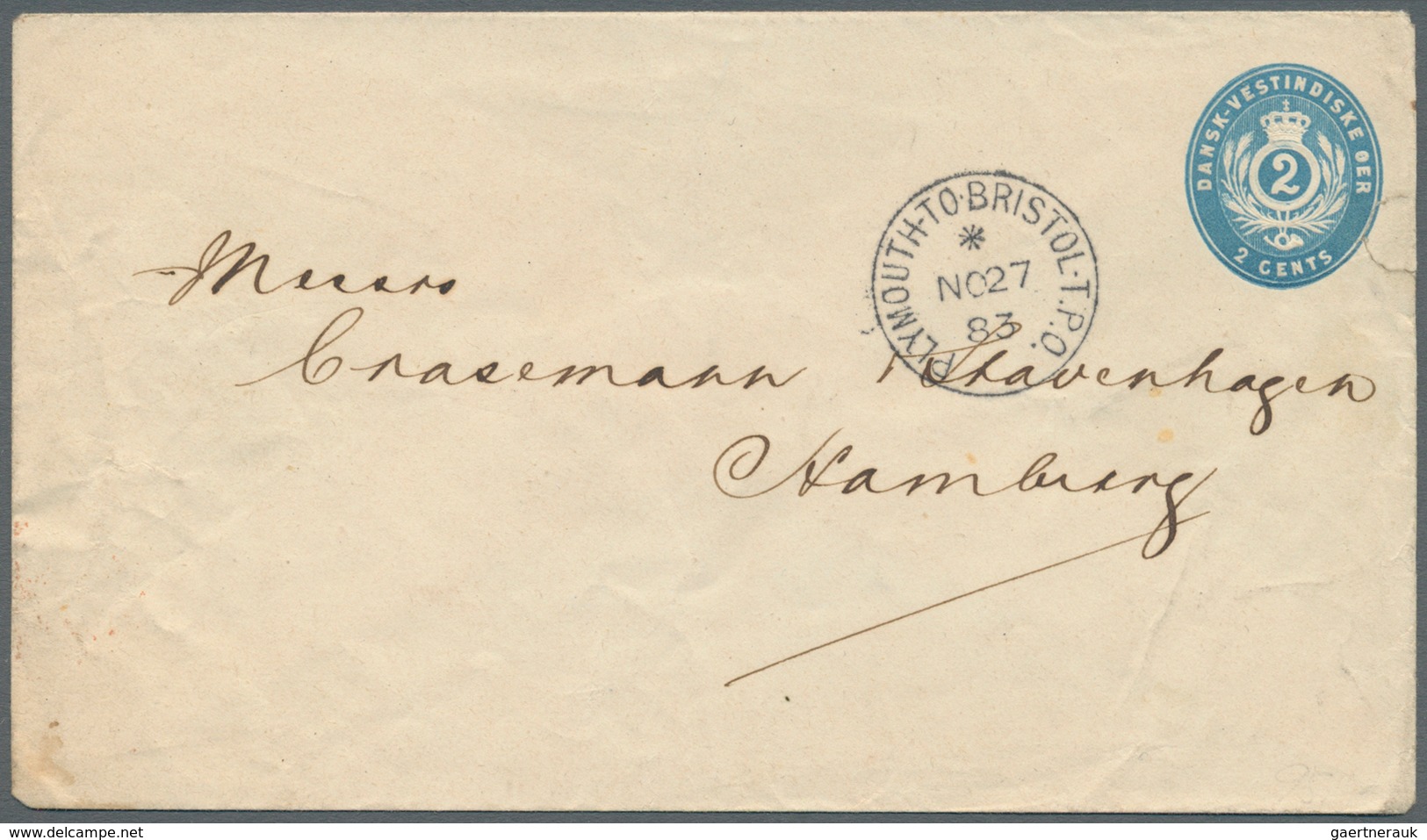 Dänisch-Westindien: 1883, 2 C Blue Postal Stationery Envelope (small Faults/tear), Addressed To The - Dänische Antillen (Westindien)