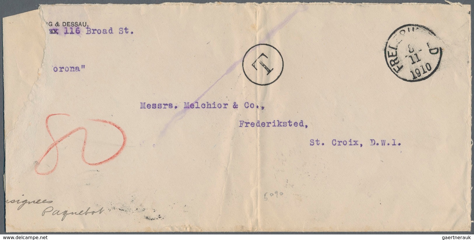 Dänisch-Westindien: 1910, Incoming Ship Consignee Mail "S/S Korona" With Manuscript "Consignees Paqu - Danemark (Antilles)