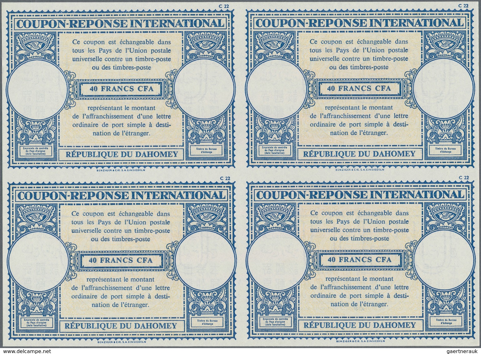 Dahomey: 1961. International Reply Coupon 40 Francs CFA (London Type) In An Unused Block Of 4. Issue - Bénin – Dahomey (1960-...)