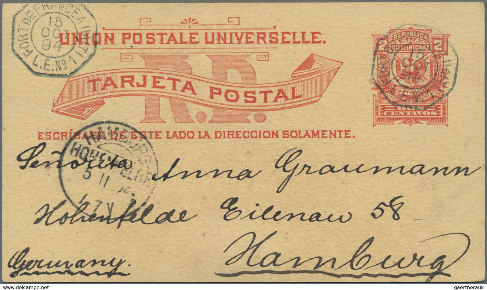 Dominikanische Republik: 1894, 2 Ct Stationery Card Written In Santo Domingo Sent With French Shipma - Dominikanische Rep.