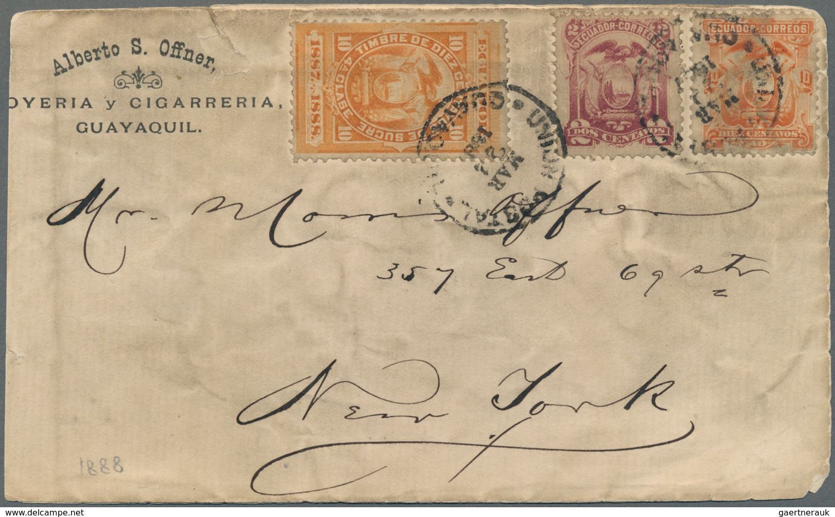 Ecuador: 1888, 2 And 10 C. Together With 10 C. Fiscal Stamp On Business Letter From "Alberto S. Offn - Ecuador