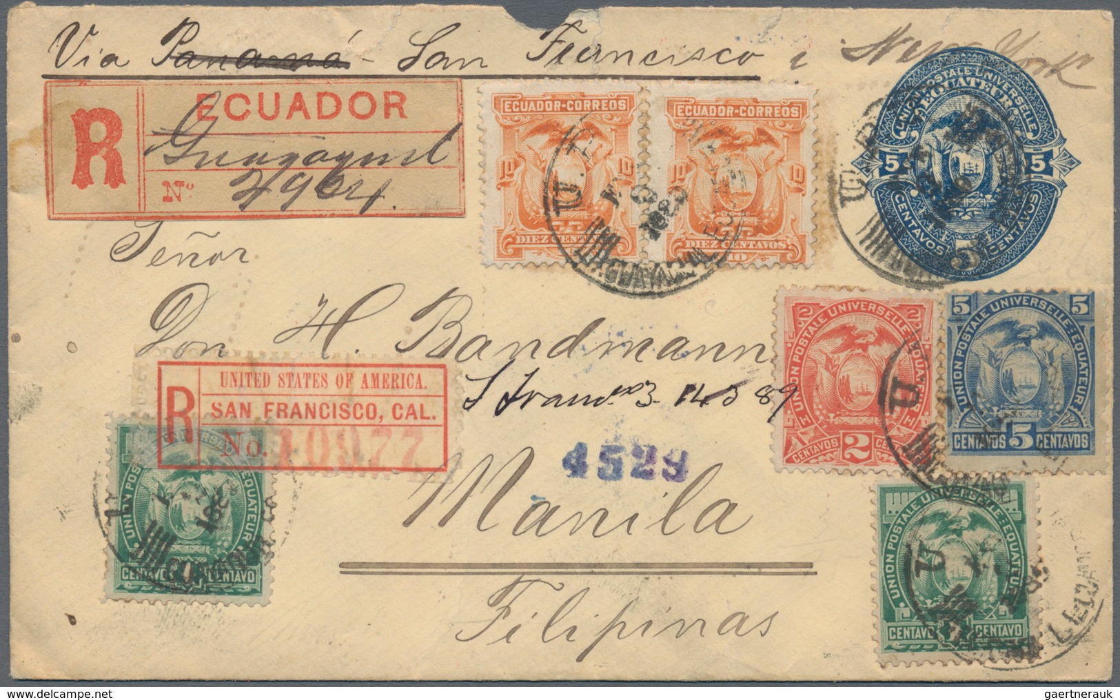 Ecuador - Ganzsachen: 1888, Envelope (faults) 5 C. Blue Uprated, 1, 2, 5 C. (UPU Tricolour) And 1 C. - Equateur