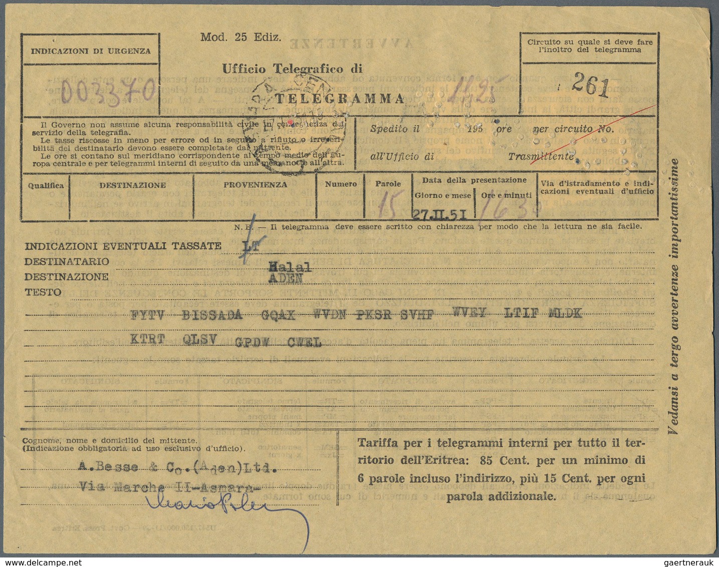 Eritrea: 1951, Telegram Sent From ASMARA To Aden Franked With 10 Sh., 1 Sh And 25 Cent / ERITREA Ove - Eritrea