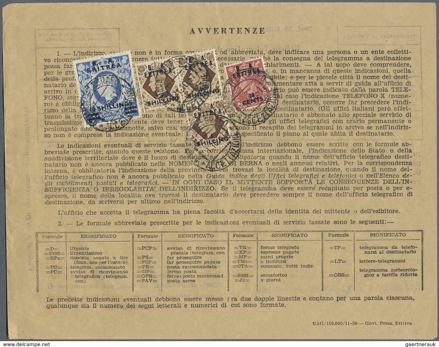 Eritrea: 1951, Telegram Sent From ASMARA To Aden Franked With 10 Sh., 1 Sh (3) And 20 Cent / ERITREA - Erythrée