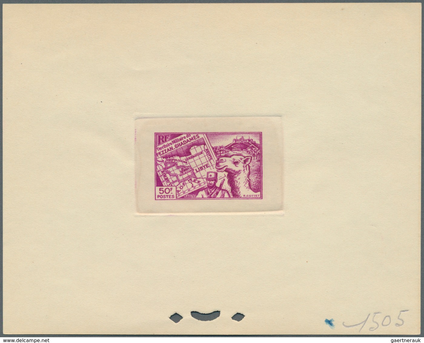 Fezzan: 1946, 50fr. Map/Camel Horseman, Four Epreuve In Bue, Orange-red, Dark Green And Purple. Maur - Lettres & Documents
