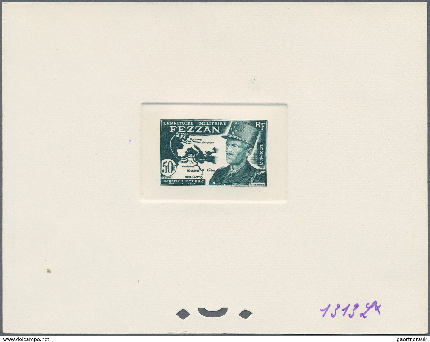 Fezzan: 1949, 50fr. General Leclerc, Four Epreuve In Dark Bluish Green, Bright Orange-red, Violet-br - Covers & Documents