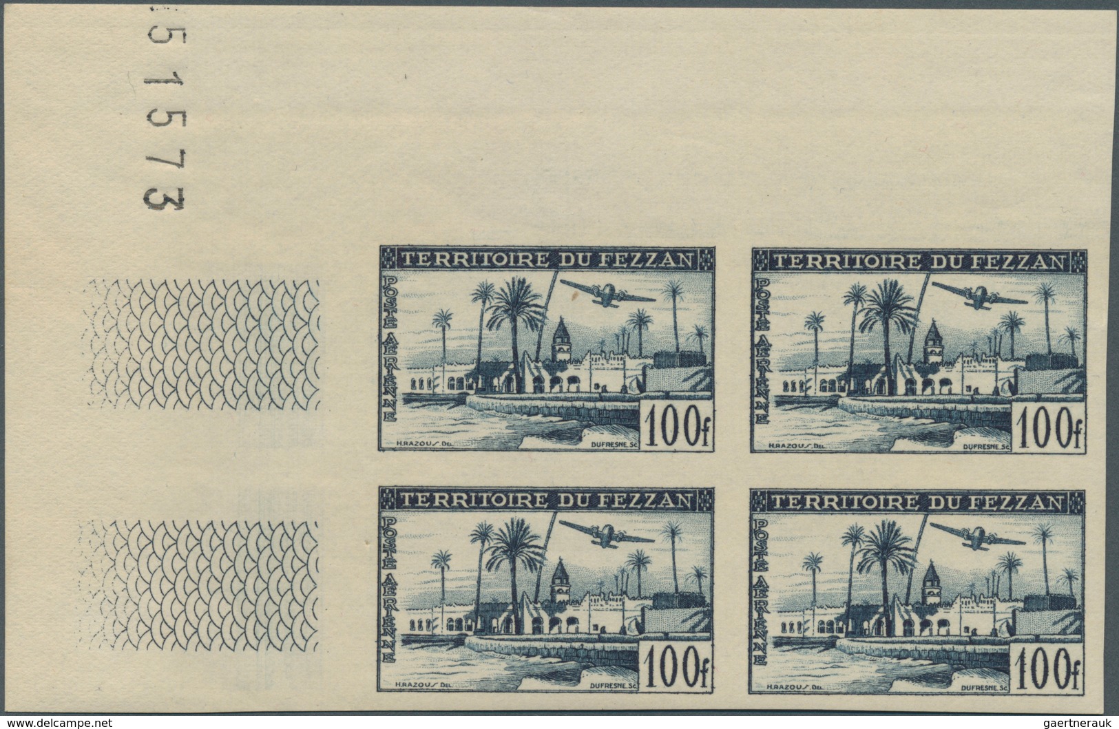 Fezzan: 1951, Imperf Air Mail Set Of Two Values In Corner Margin Blocks Of Four With Imprint, Mint N - Lettres & Documents