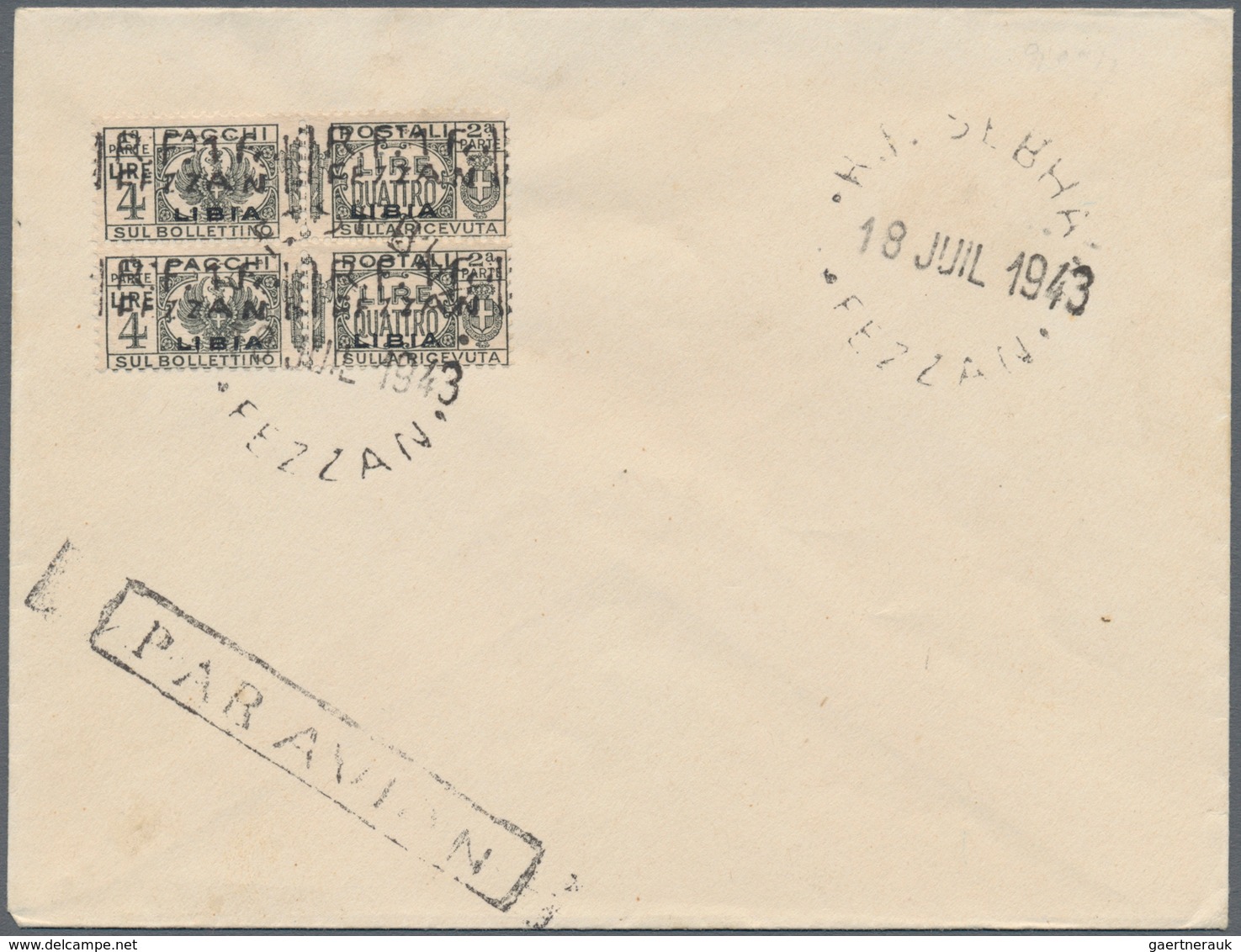 Fezzan - Paketmarken: 1943, French Occupation, Revaluation overprints on Libya parcel stamps, 1fr. o