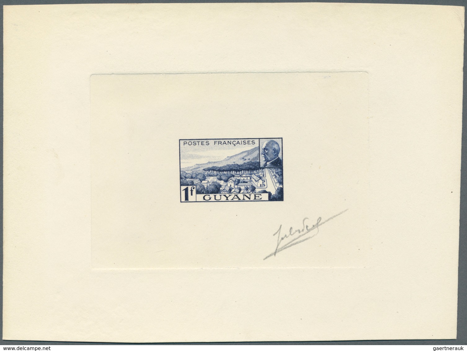 Französisch-Guyana: 1941, Petain/Cayenne Scenery, 1fr. Epreuve D'artiste In Ultramarine, With Signat - Neufs