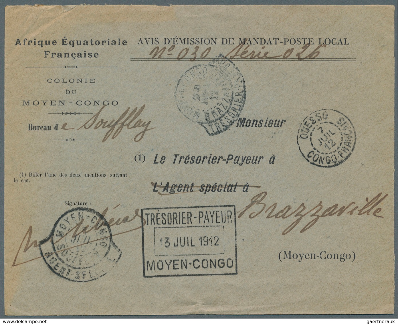 Französisch-Kongo: 1912. Stampless 'Avis D'Emission De Mandat-Poste Local' Envelope Headed 'Afrique - Neufs