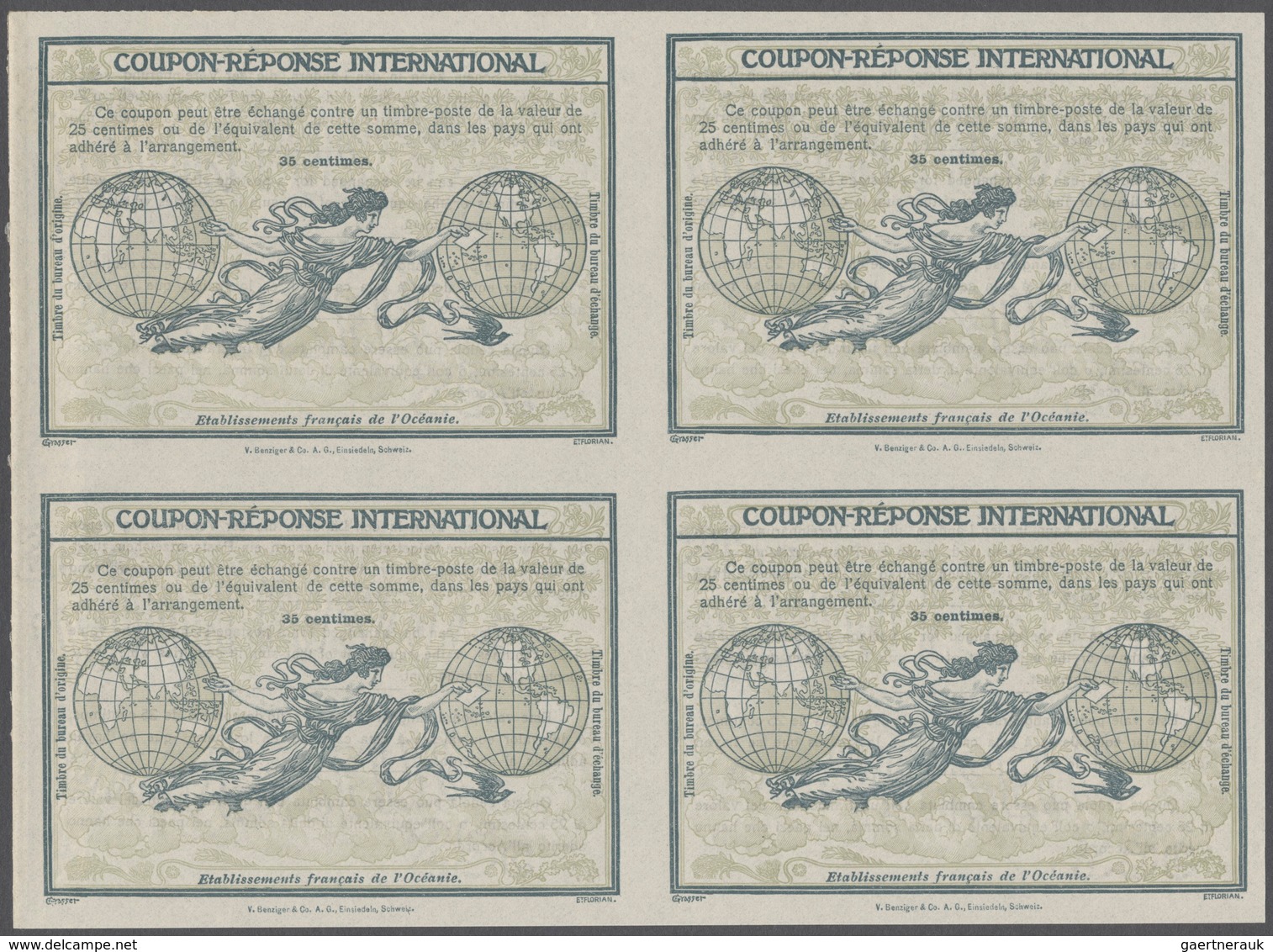 Französisch-Ozeanien: Design "Rome" 1906 International Reply Coupon As Block Of Four 35 C. "Etabliss - Briefe U. Dokumente