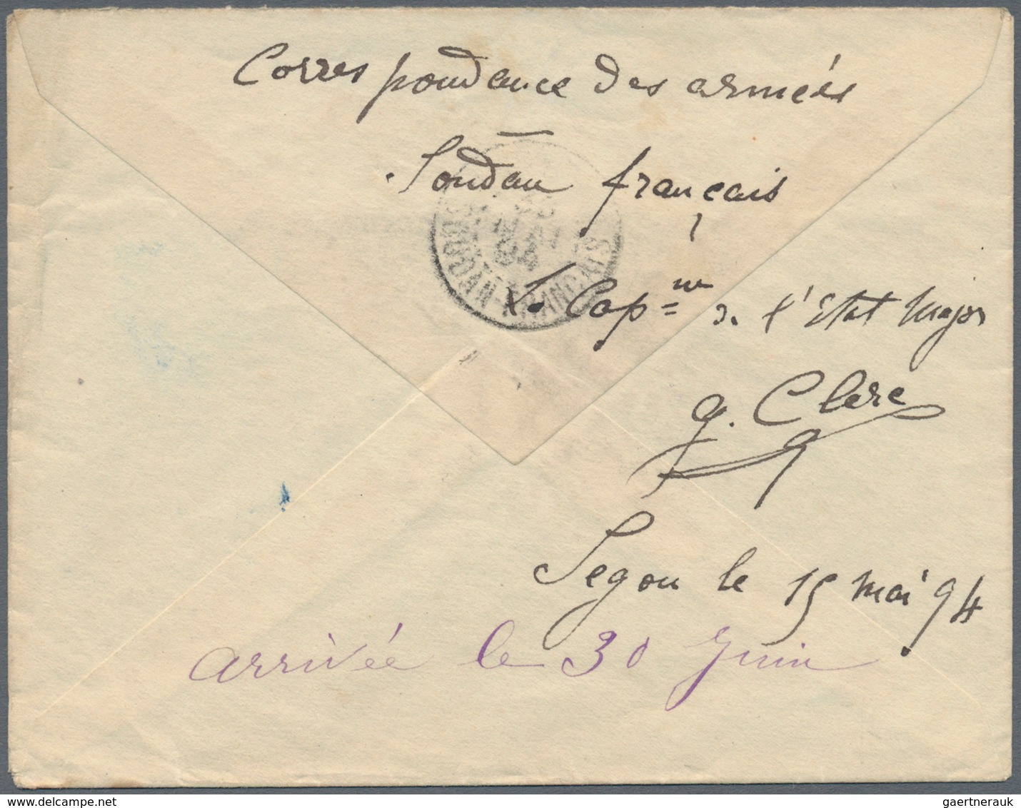 Französisch-Sudan: 1894, Stampless Field Post Cover Endorsed On Reverse "Correspondance Des Armeés S - Oblitérés