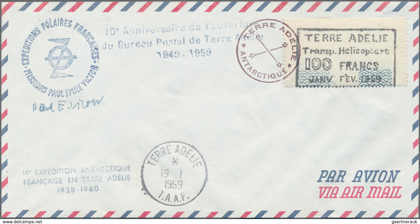 Französische Gebiete In Der Antarktis: 1959, Flight Vignette "Terre Adelie Transp. Helicoptere" 100 - Lettres & Documents