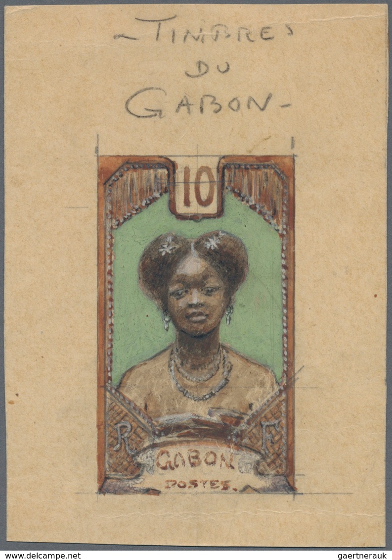 Gabun: 1910 Gabon, Original Hand Painted Artwork For The Pictorial Issue, Approximately 83x112mm, Un - Neufs