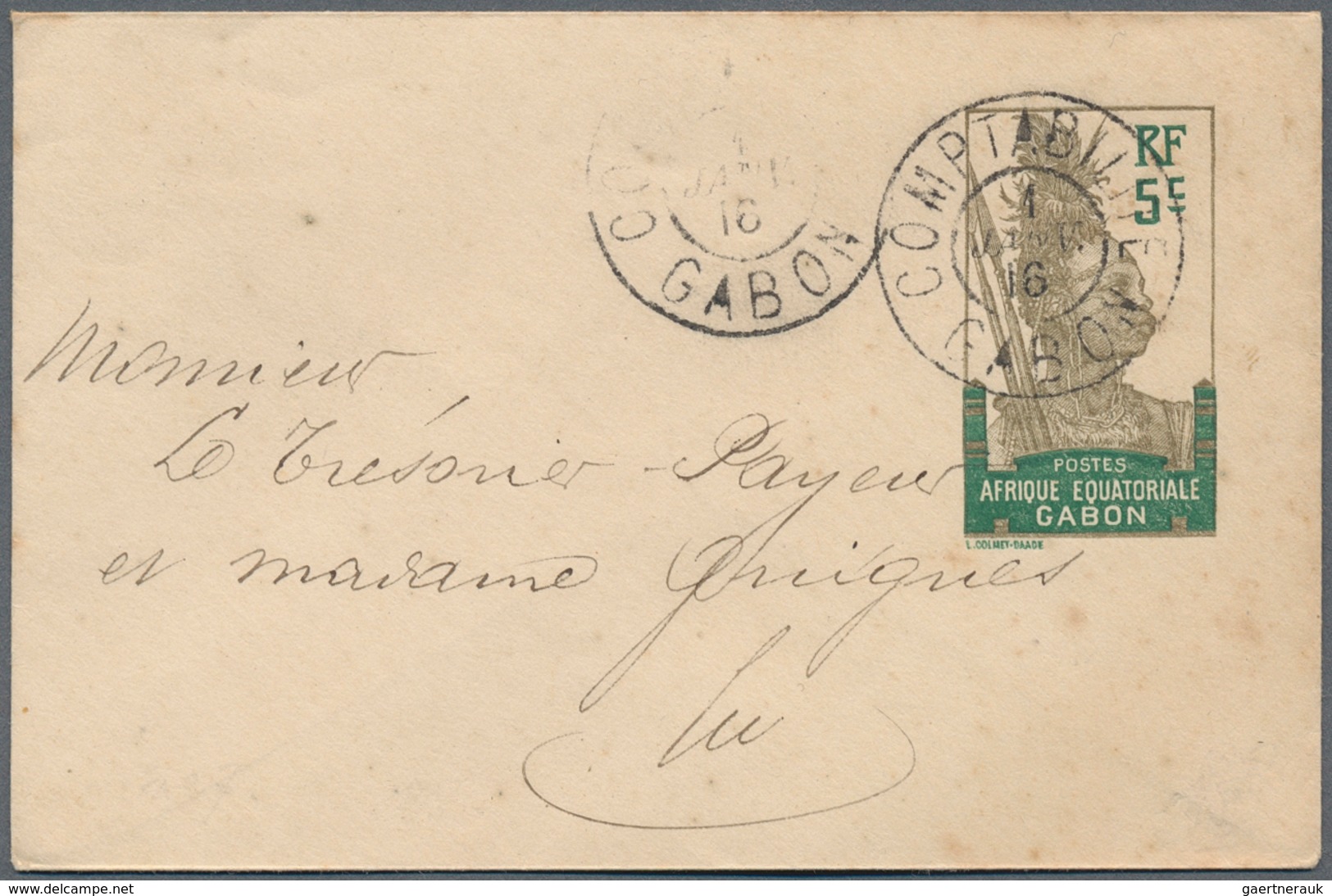 Gabun: 1916, 5 C Olive-grey/green "warrior", Postal Stationery Envelope, With Double Circle Dater CO - Neufs