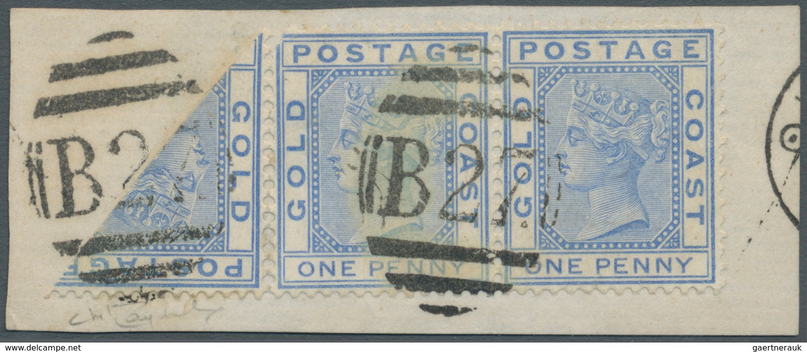 Goldküste: 1882 (ca.), QV 1d. Blue With Wmk. Crown CC Horiz. Horiz. Pair And A DIAGONALLY BISECTED S - Côte D'Or (...-1957)