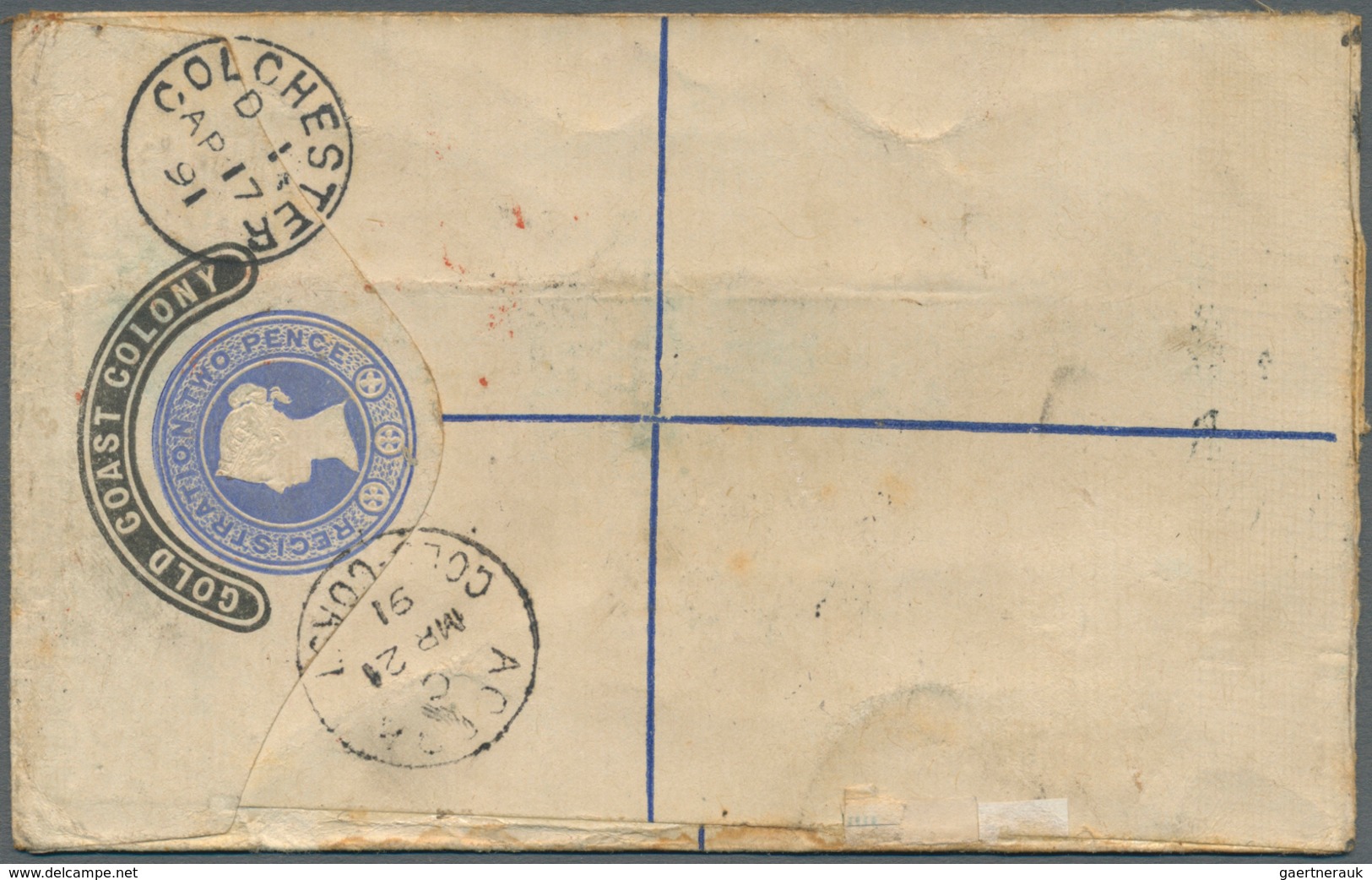 Goldküste: 1891. Registered Gold Coast Colony Postal Stationery Envelope 'two Pence' Blue Upgraded W - Côte D'Or (...-1957)