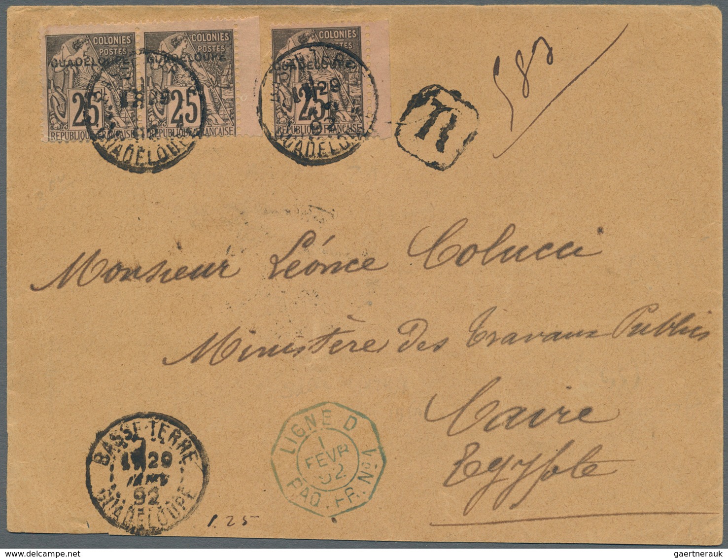 Guadeloupe: 1892. Registered Envelope Addressed To Egypt Bearing Yvert 21, 25c Black/rose (3) Tied B - Ungebraucht