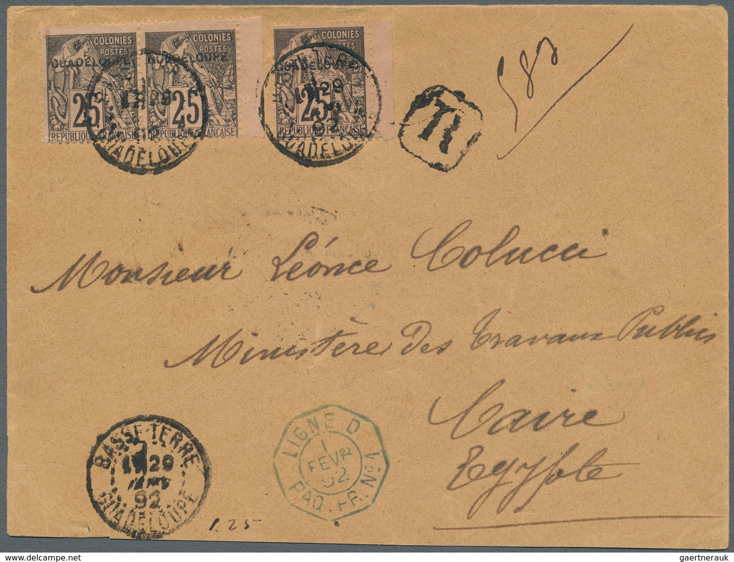 Guadeloupe: 1892. Registered Envelope Addressed To Egypt Bearing Yvert 21, 25c Black/rose (3) Tied B - Unused Stamps