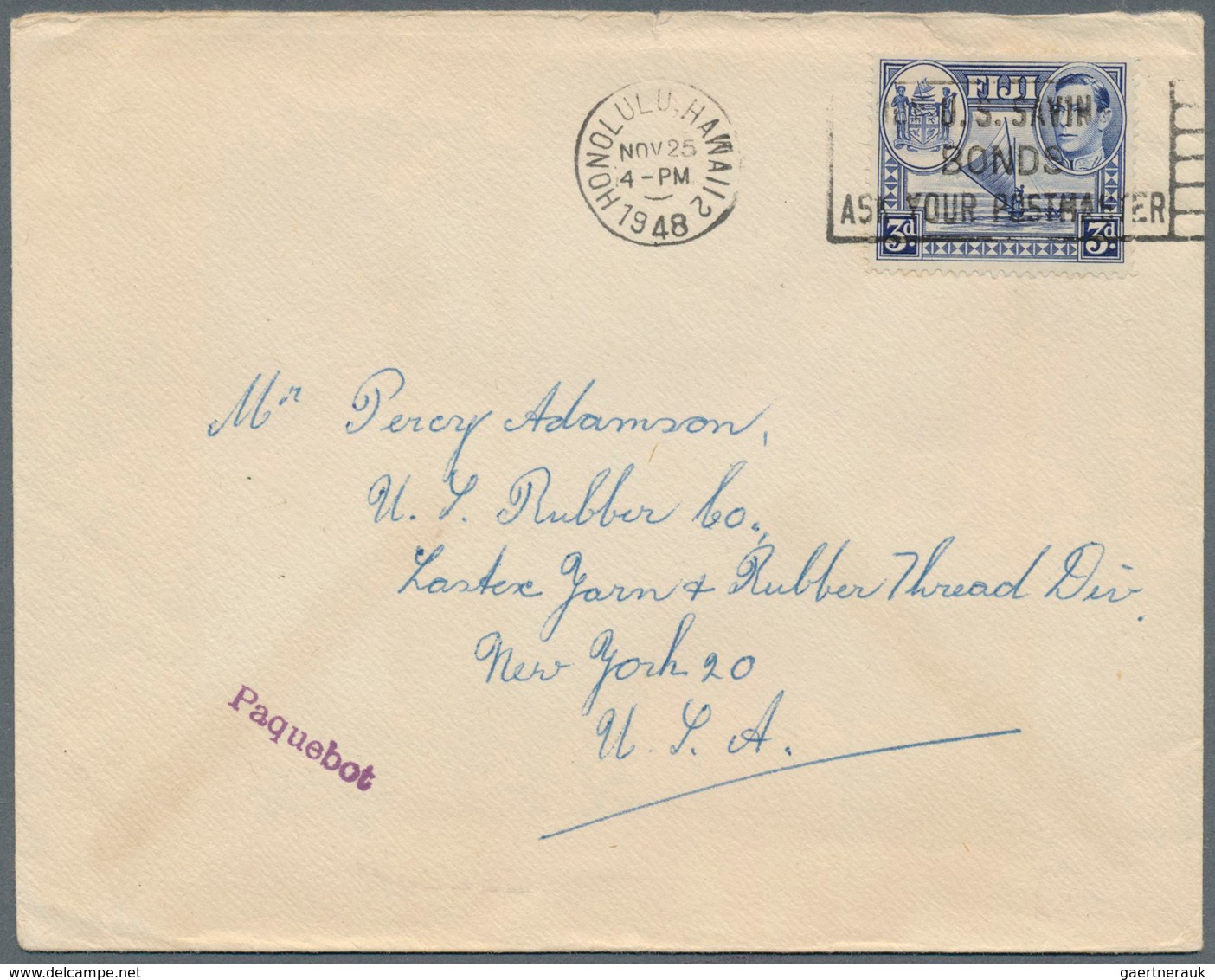 Hawaii: 1948, INCOMING TRANSIT MAIL: Fiji, 3 D Blue KGVI, Single Franking On Cover Addressed To New - Hawaii