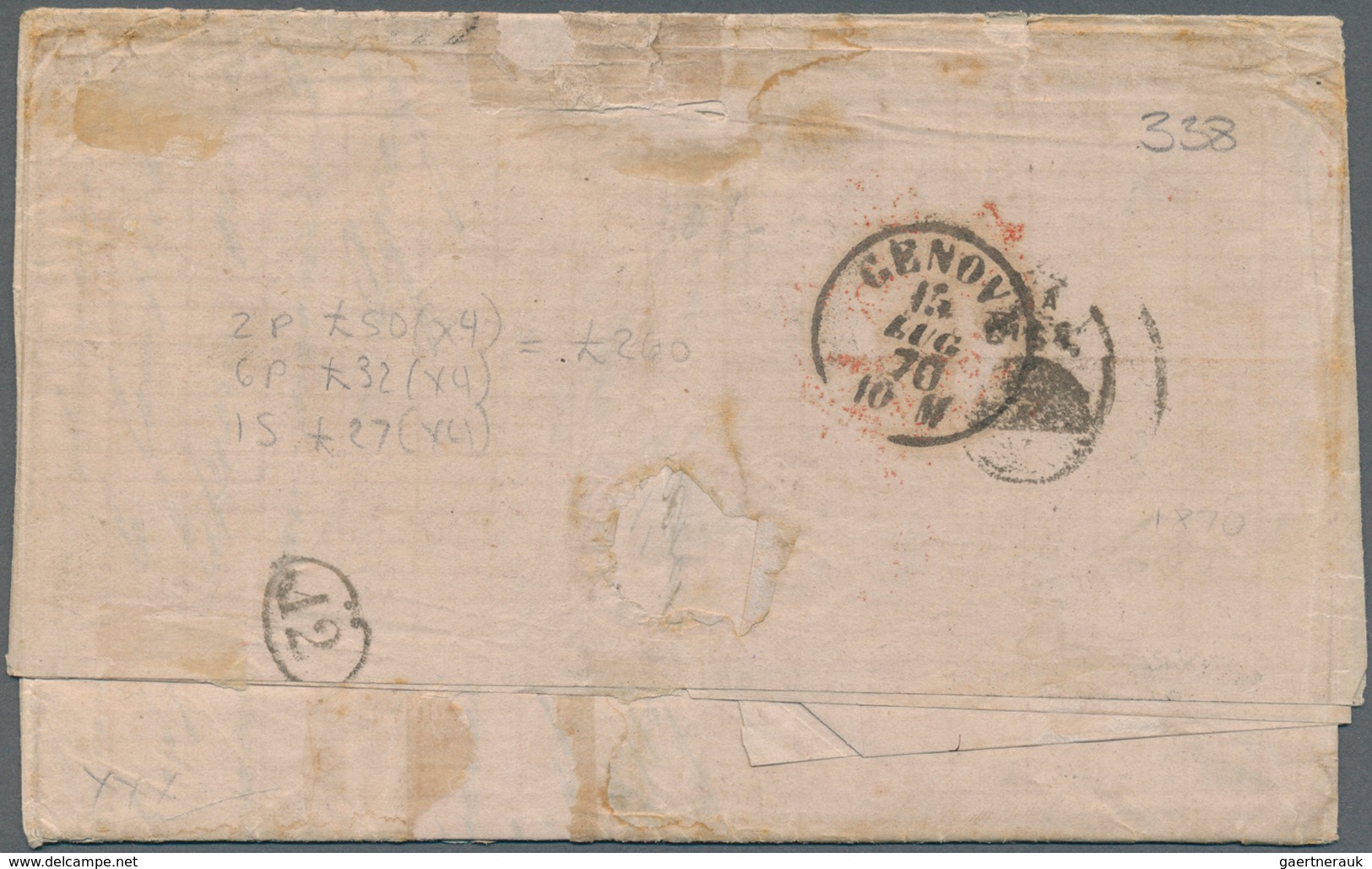 Jamaica: 1870, Entire Letter From KINGSTON To GENOVA, At Quadruple 2/8 Sh Rate Paid By 1 Sh (2), 2 D - Jamaique (1962-...)