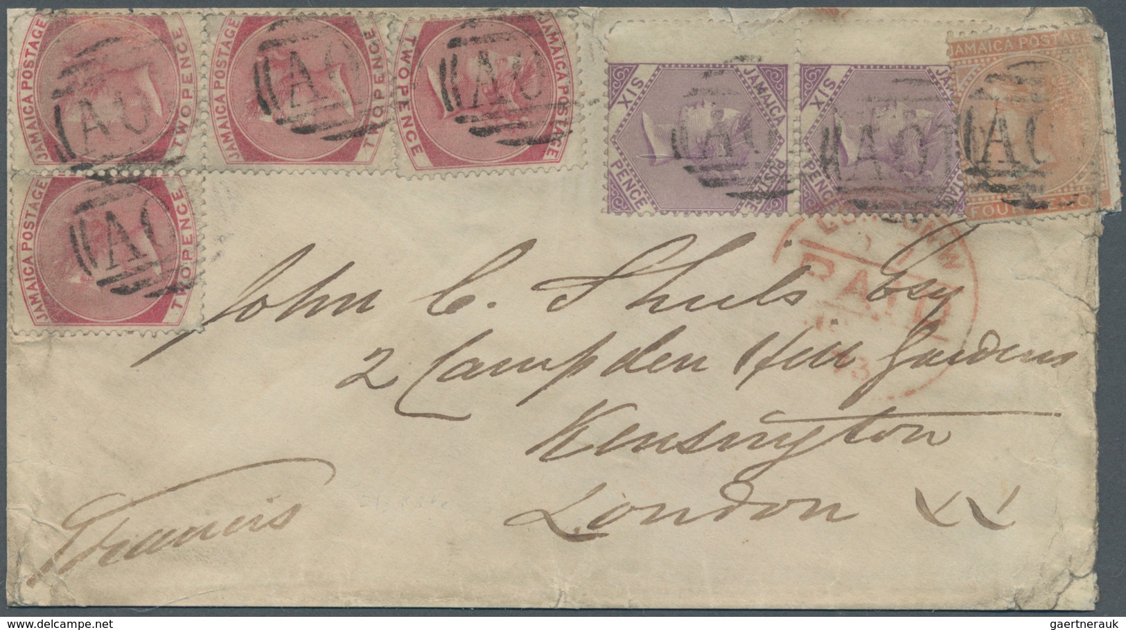 Jamaica: 1873, Cover From KINGSTON To London, Bearing 2 D (49, 4 D, 6 D (2) Of The Crown Cc Watermar - Jamaica (1962-...)