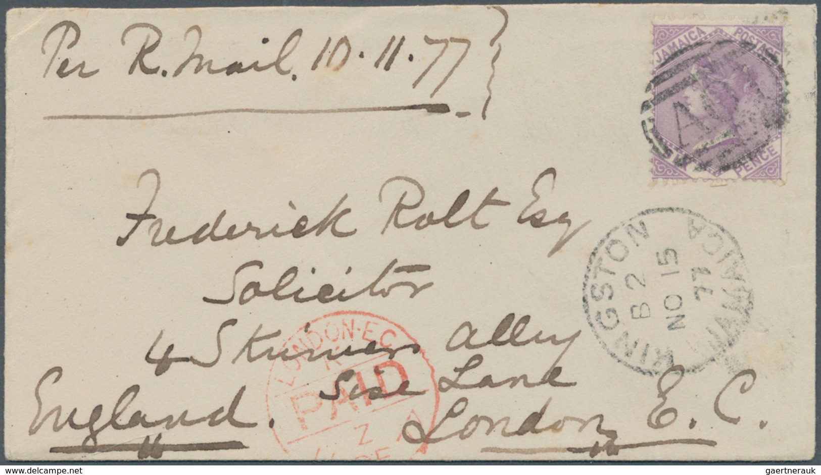 Jamaica: 1877, Small Cover To LONDON Endorsed "Per R. Mail 10.11.17" Franked With 6 D (watermark "cc - Jamaica (1962-...)