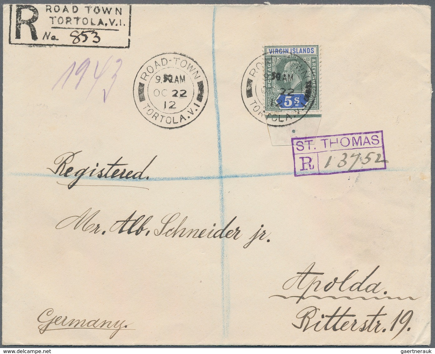 Jungferninseln / Virgin Islands: 1912 Registered Cover From Tortola To Germany Via St. Thomas, Danis - Iles Vièrges Britanniques