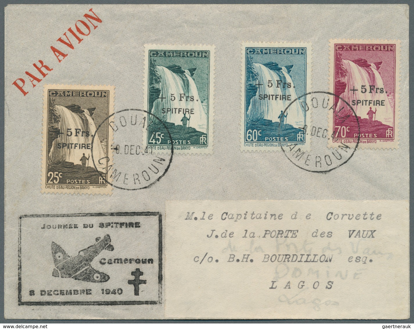 Kamerun: 1940, "SPITFIRE" Overprints, 25c. To 70c., Complete Set Of Four Values On Airmail Cover Fro - Cameroun (1960-...)