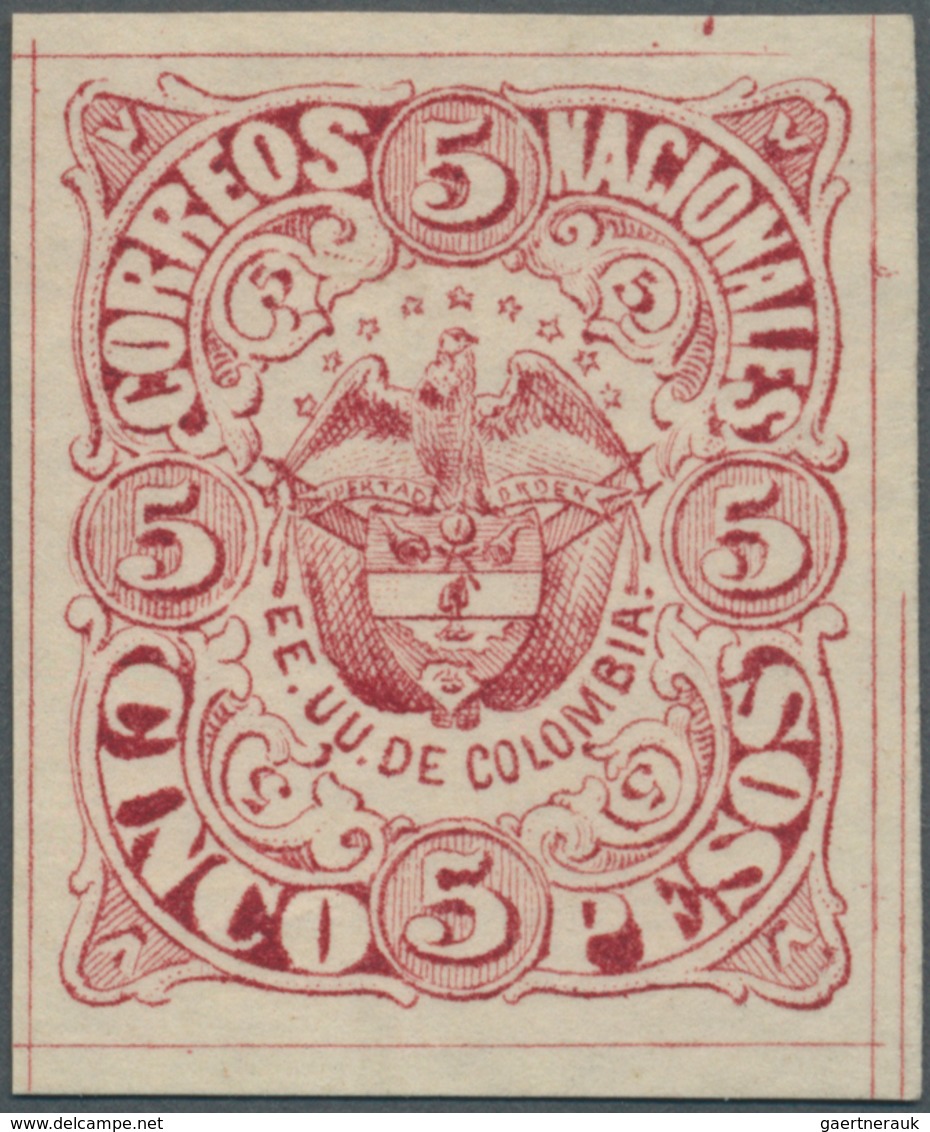 Kolumbien: 1870, 5 P. Crest, Proof Of Re-engraved Plate In Dull Rose, All Sides Large Margins, Scarc - Colombie