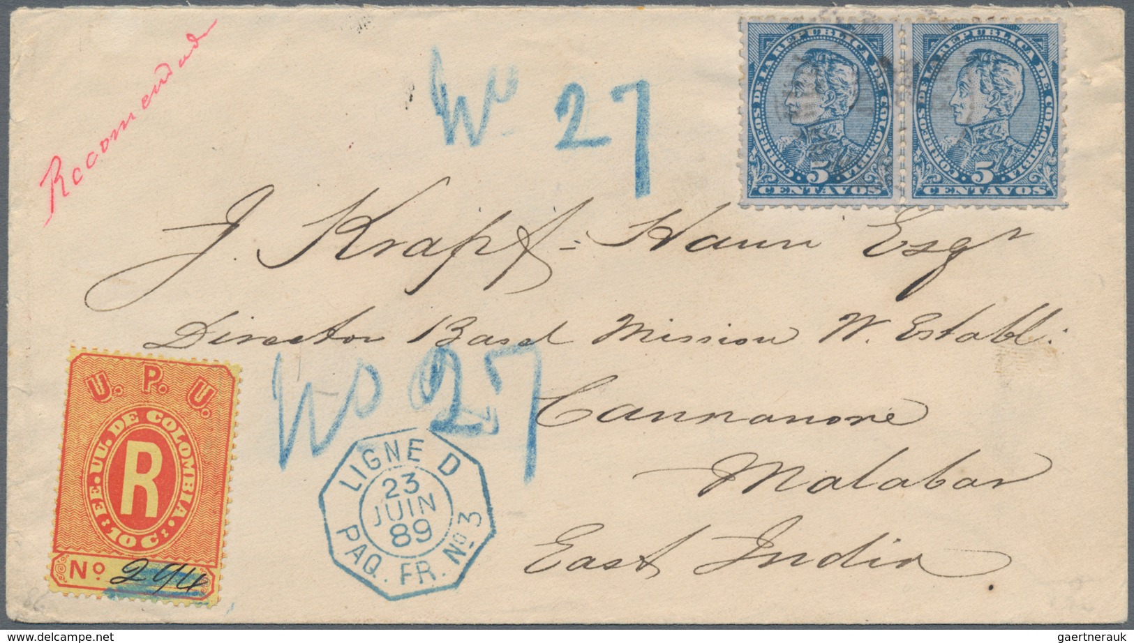 Kolumbien: 1889, Registered Letter From BARRANQUILLA To East India With Blue French Ship Mark "LIGNE - Colombie