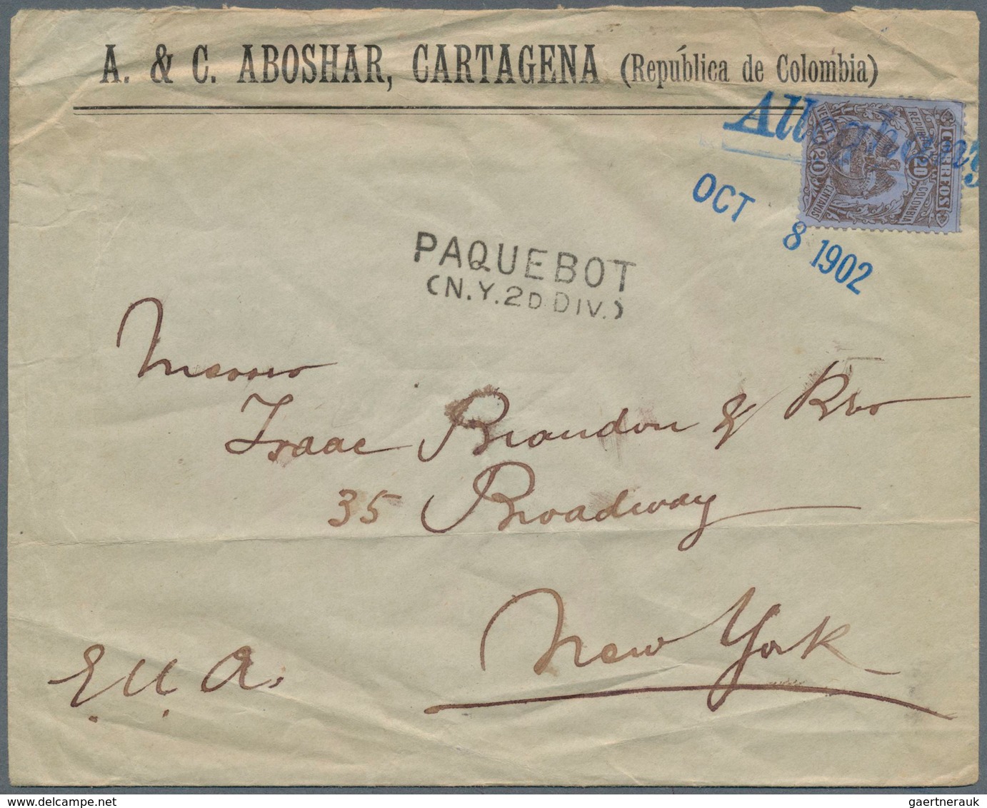 Kolumbien: 1902, 20 C Brown On Blue, Single Franking On Commercial Cover From Cartagena With Blue Si - Kolumbien