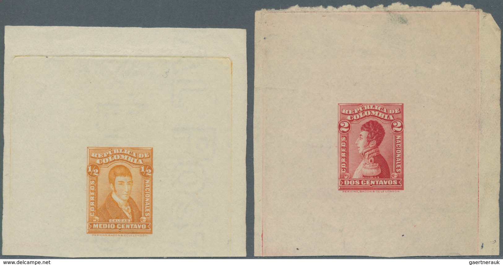 Kolumbien: 1917, Caldas 1/2 C. And Nerino 2 C. Single Die Proofs By Perkins & Bacon, The 1/2 C. On W - Colombie