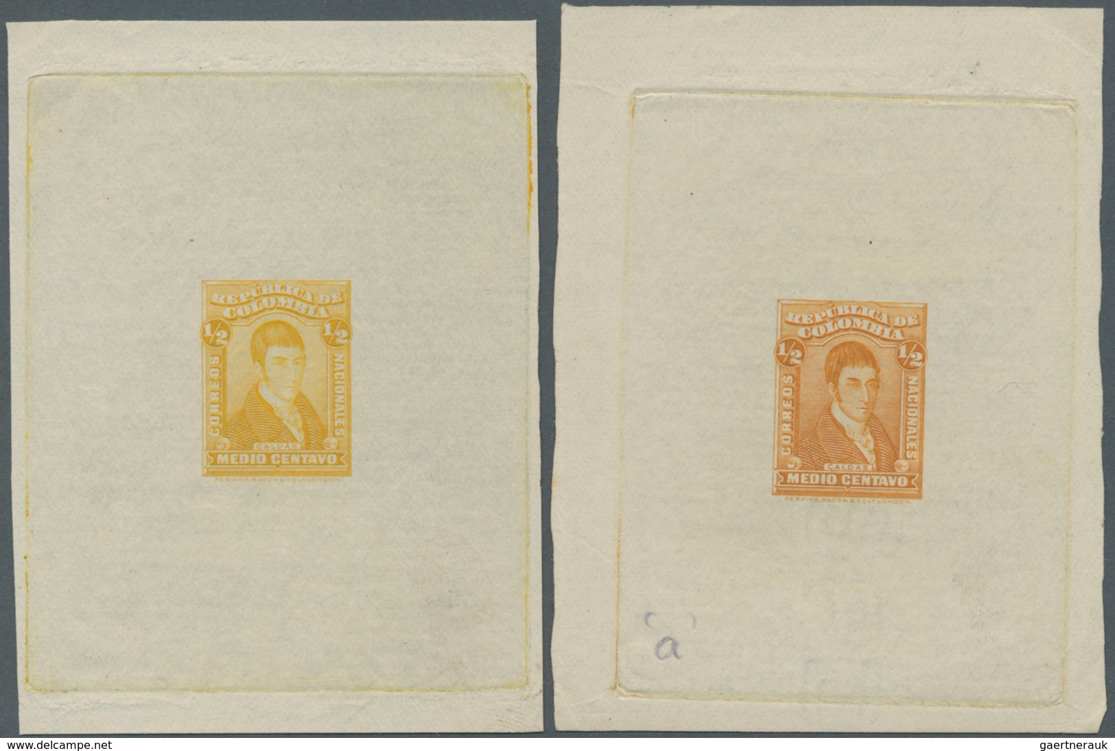 Kolumbien: 1917, Caldas 1/2 C. Single Die Proofs In Yellow Resp. Orange, With And W/o Watermarks, Sc - Colombie