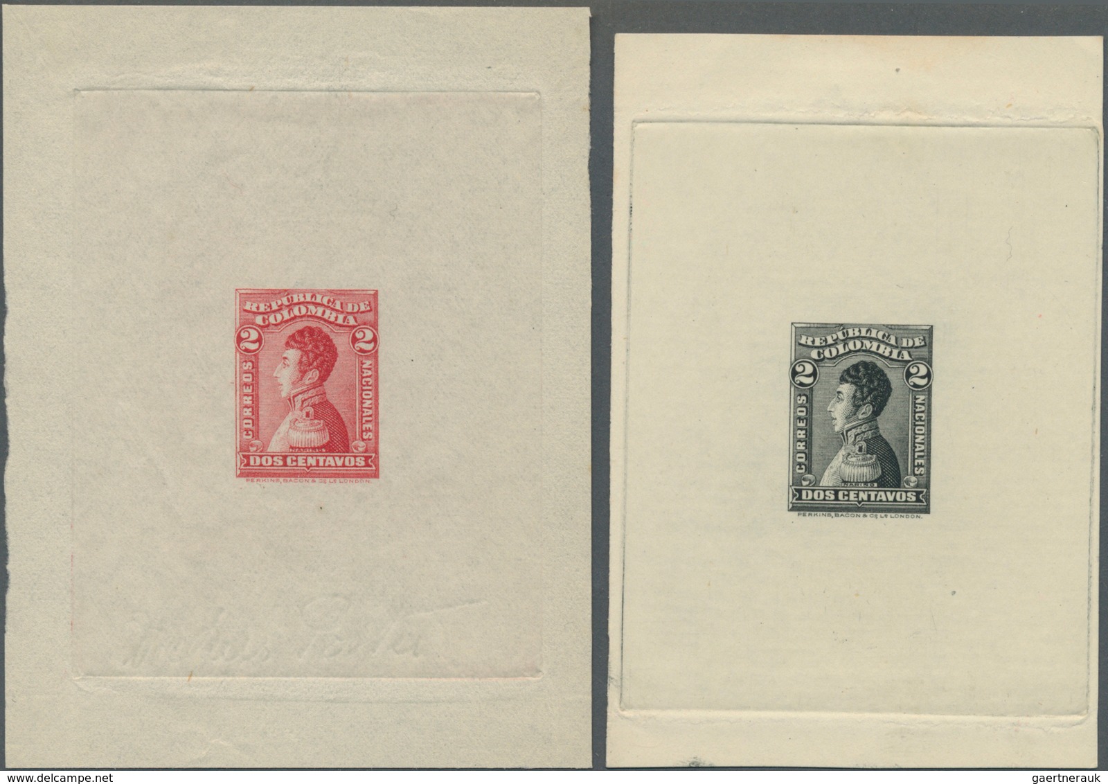 Kolumbien: 1917, Nerino 2 C. Single Die Proofs In Red Resp. Black By Perkins & Bacon, Scarce. - Colombie