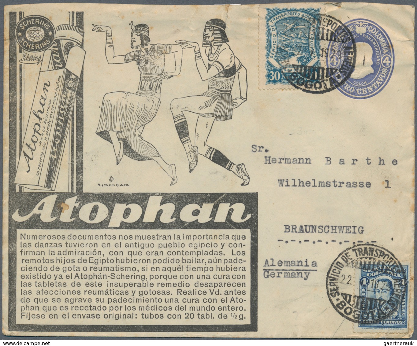 Kolumbien: 1929, Advertisement Stationery Envelope "Atophan" (Schering) 4 C. Violet Blue Uprated 4 C - Colombie