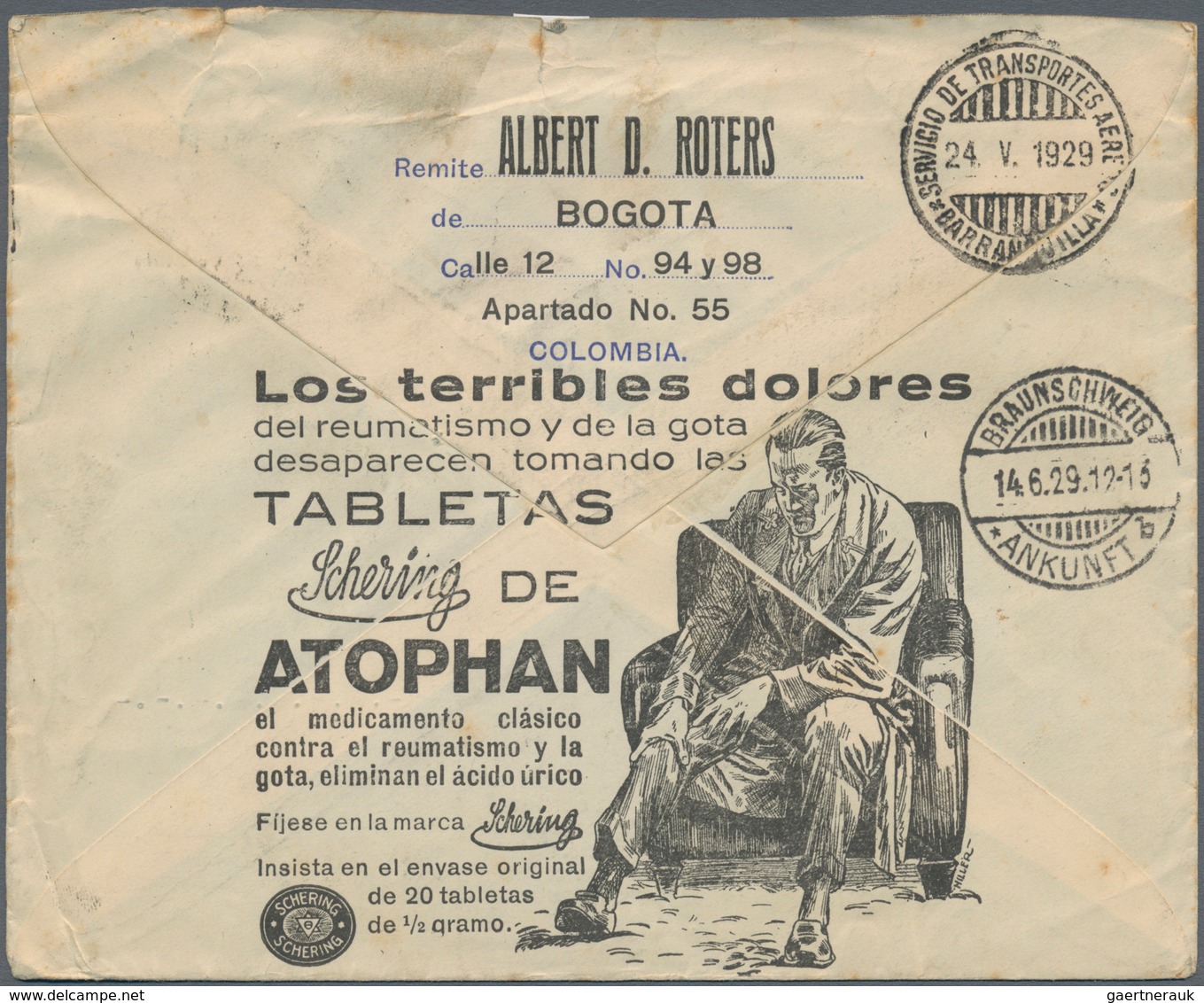 Kolumbien: 1929, Advertisement Stationery Envelope "Atophan" (Schering) 4 C. Violet Blue Uprated 4 C - Colombie