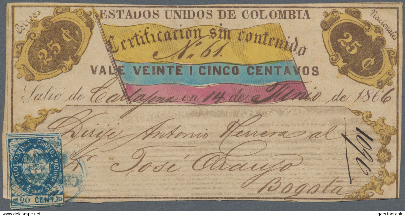 Kolumbien - Wertbriefsicherungsmarken: 1865, 25 C Cubierta (H&G CC 1) With Manuscript Sender Cartage - Kolumbien