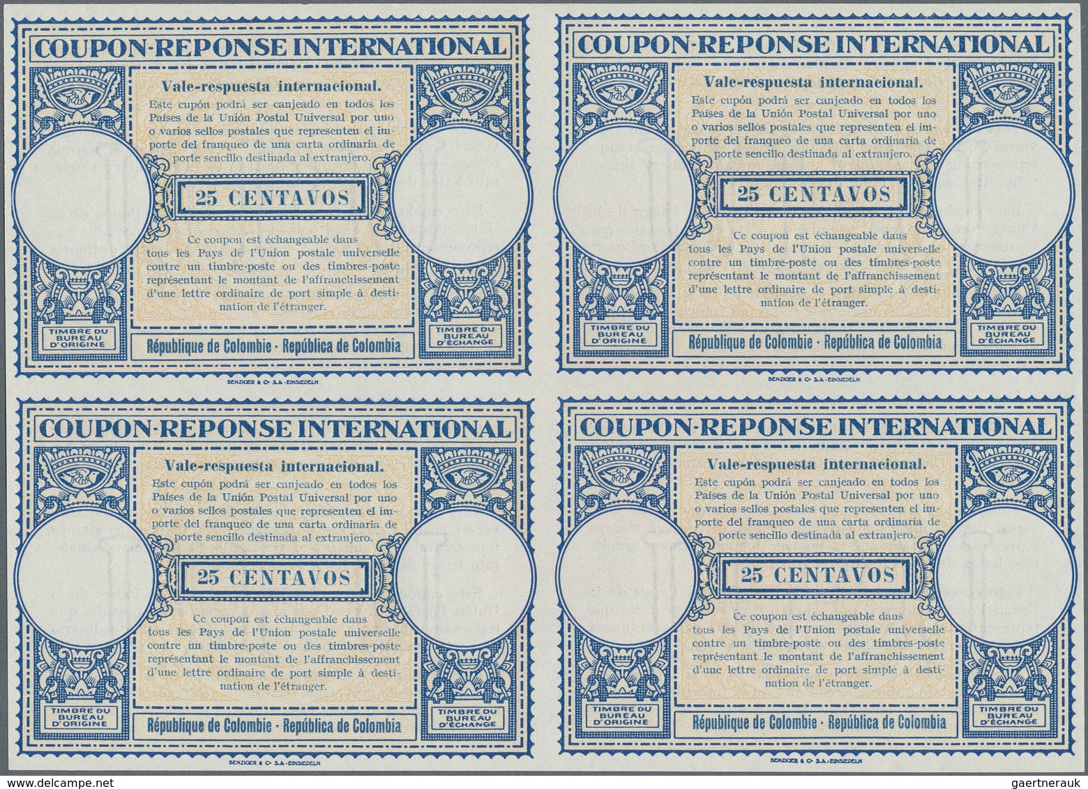 Kolumbien - Ganzsachen: 1947. International Reply Coupon 25 Centavos (London Type) In An Unused Bloc - Colombie