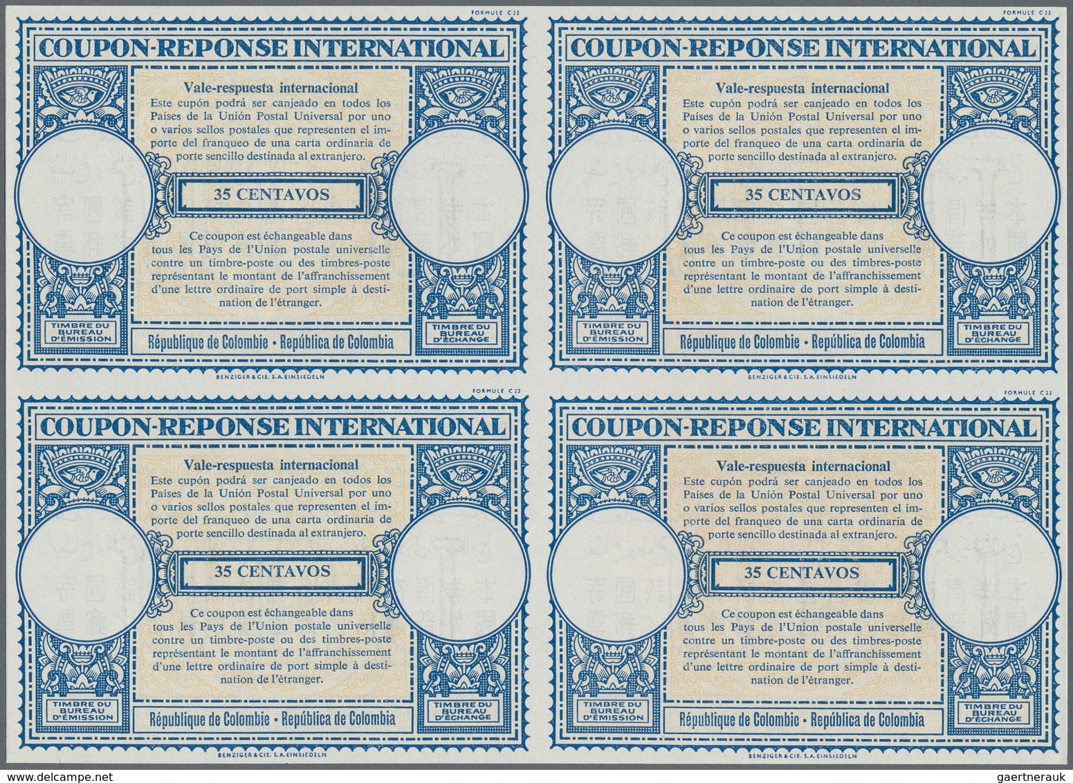 Kolumbien - Ganzsachen: 1954. International Reply Coupon 35 Centavos (London Type) In An Unused Bloc - Colombie