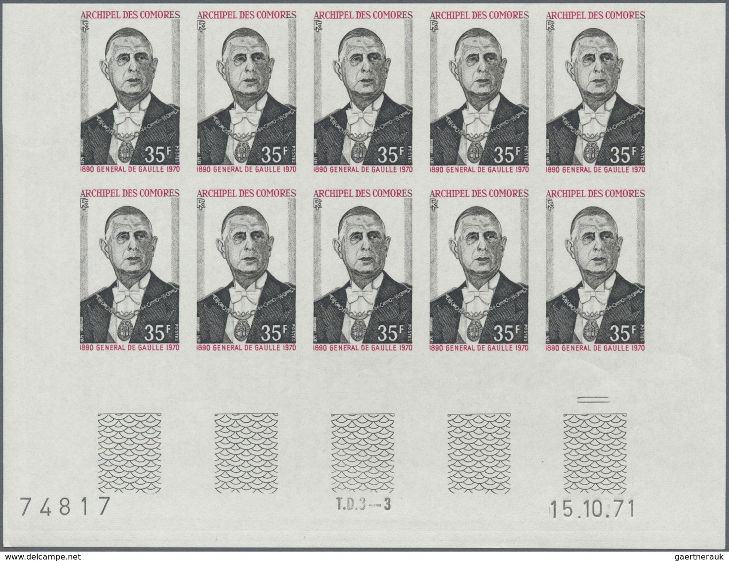 Komoren: 1971, One Year Death Of Charles De Gaulle Set Of Two In IMPERFORATE Blocks Of Ten From Lowe - Comores (1975-...)