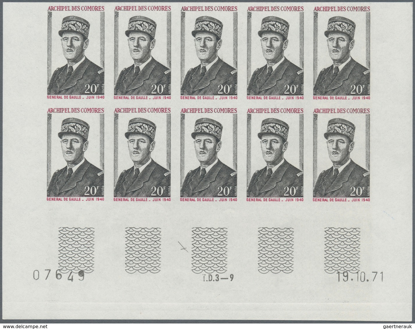 Komoren: 1971, One Year Death Of Charles De Gaulle Set Of Two In IMPERFORATE Blocks Of Ten From Lowe - Comores (1975-...)
