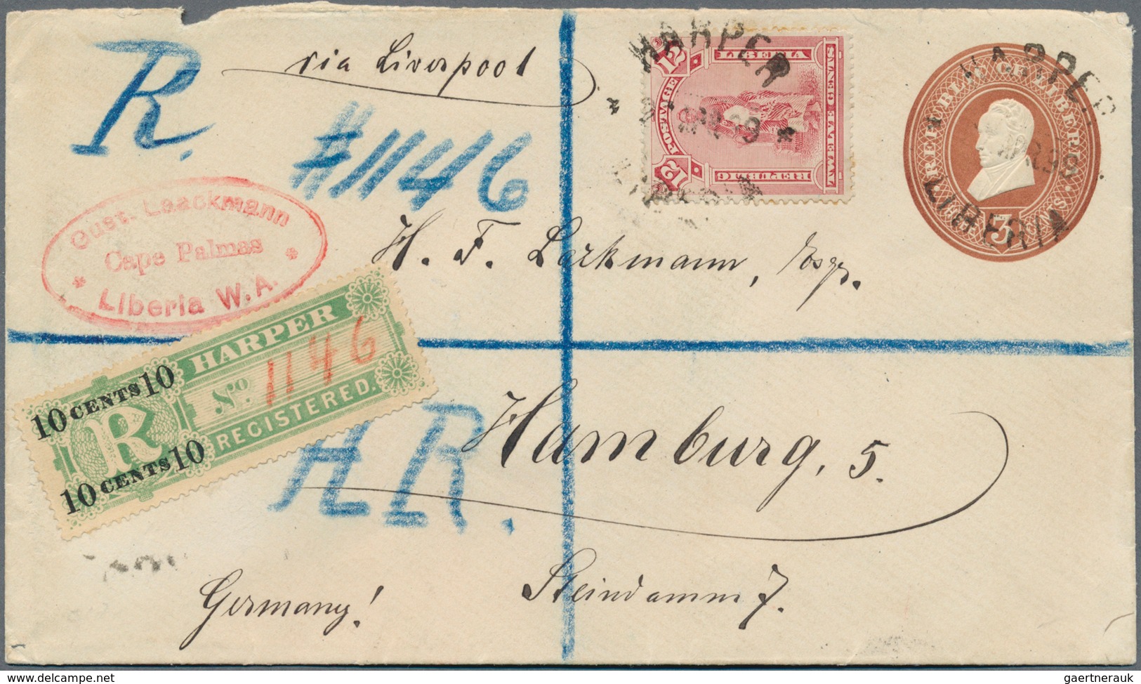 Liberia: 1899, Envelope 3 C. Uprated Registration Stamp 10 C. On Green With 12 C. Tied "HARPER 27 MA - Liberia