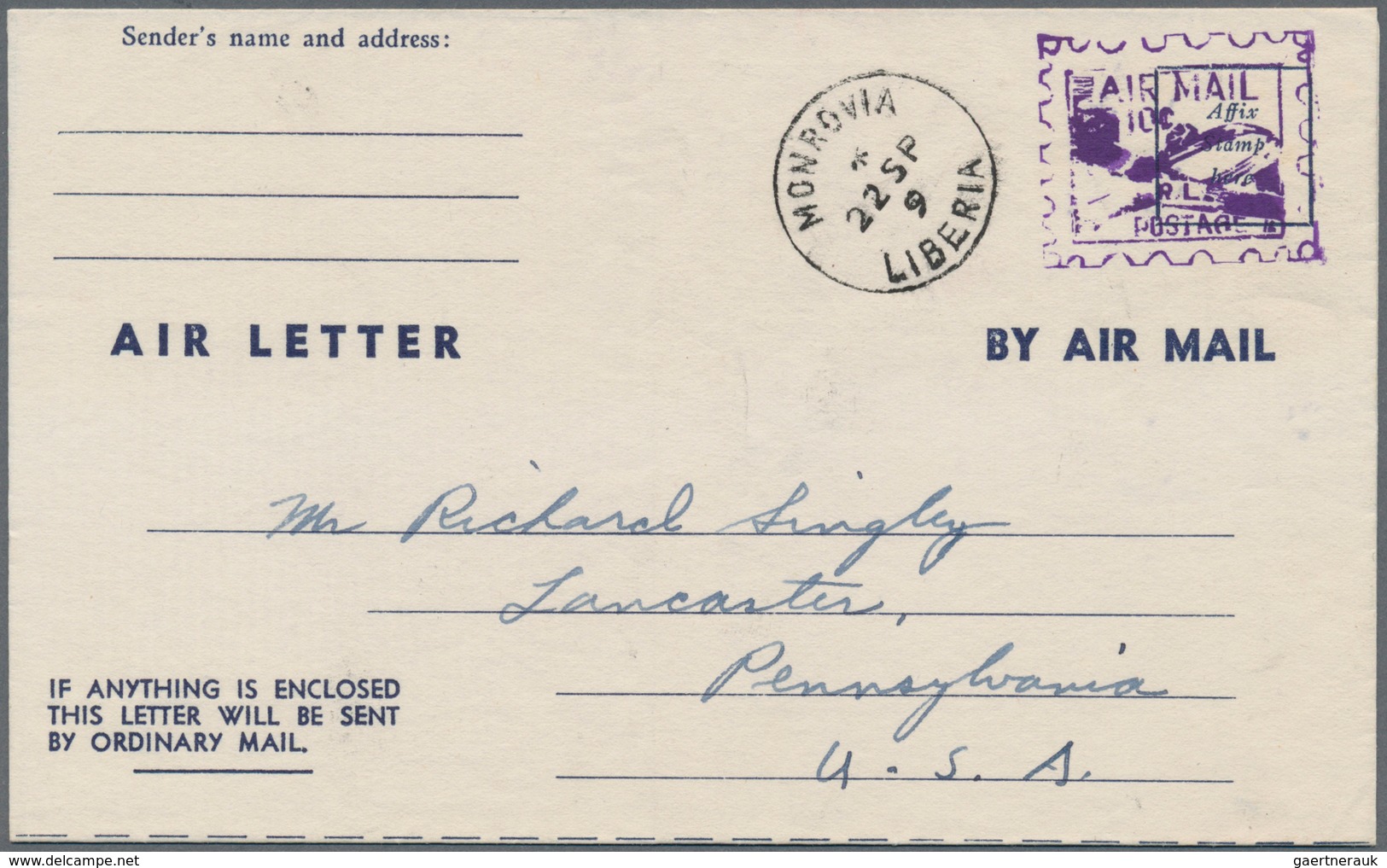 Liberia: 1947, Airletter #1, Used "MONROVIA 22 SP 9" To Lancaster/PA, USA. - Liberia