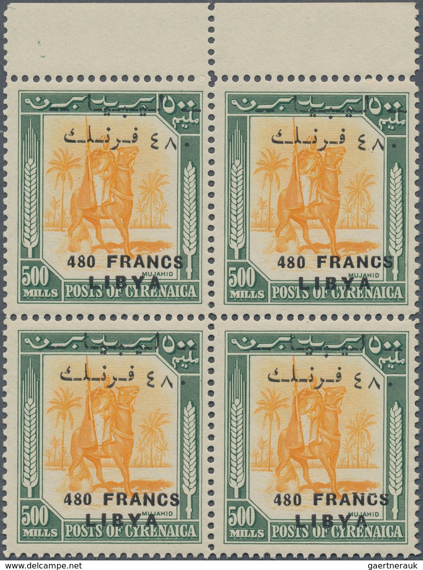 Libyen: 1951, Mounted Warrior 500m. Green/yellow With Opt. ‚480 FRANCS / LIBYA‘ Block Of Four From U - Libye