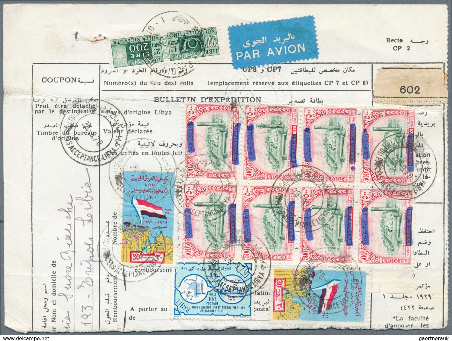 Libyen: 1970: Parcel Card Sent To Italy Franked With 1965 High Value 500 M In Very Fine Bloc Of Eigh - Libyen