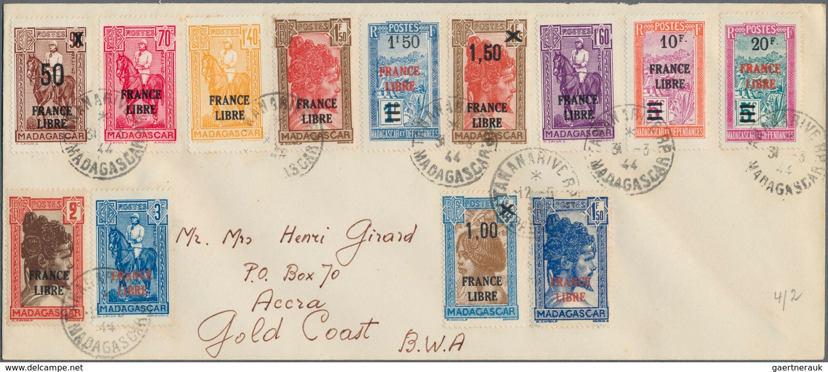 Madagaskar: 1943, FRANCE LIBRE Overprints, Lot Of Five Philatelic Covers From "TANANARIVE" Bearing 5 - Madagascar (1960-...)