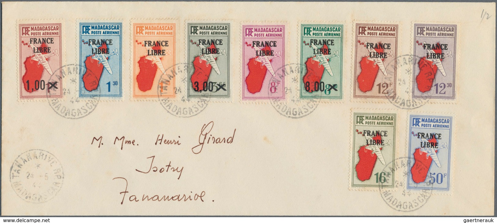 Madagaskar: 1943, FRANCE LIBRE Overprints, Lot Of Five Philatelic Covers From "TANANARIVE" Bearing 5 - Madagascar (1960-...)